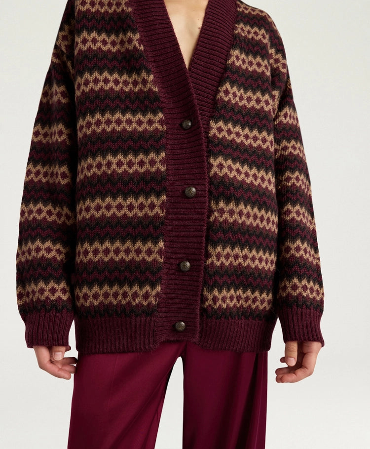SELWIN CARDIGAN IN JACQUARD - BURGUNDY MULTICOLOR