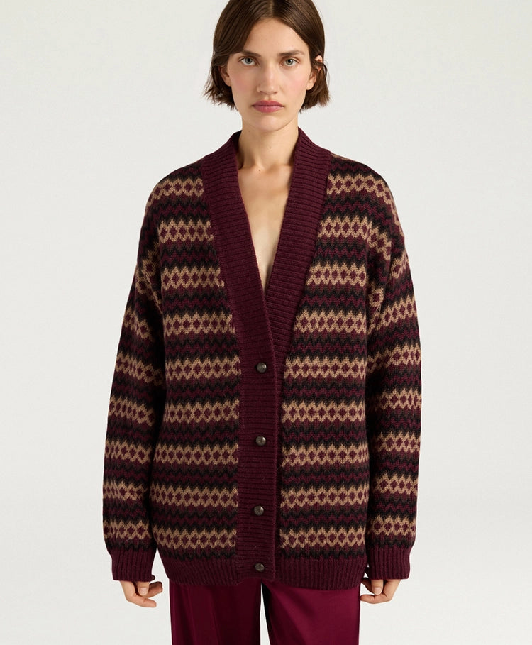 SELWIN CARDIGAN IN JACQUARD - BURGUNDY MULTICOLOR
