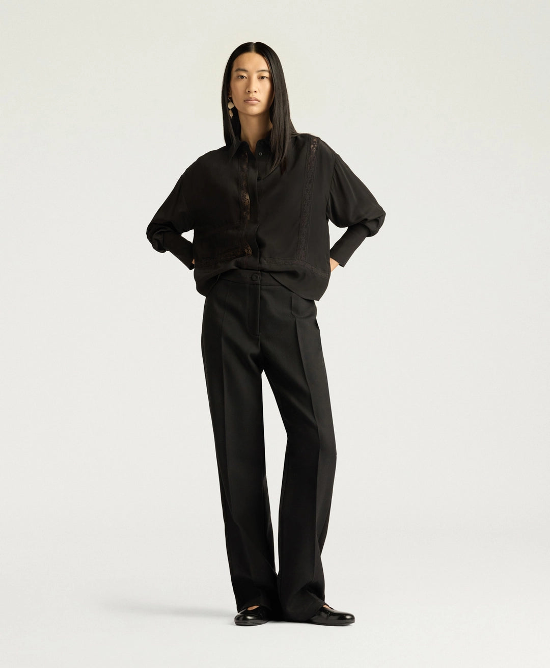 BENJAMIN PANTS IN SOLID COLOUR CHEVRON WOOL - BLACK