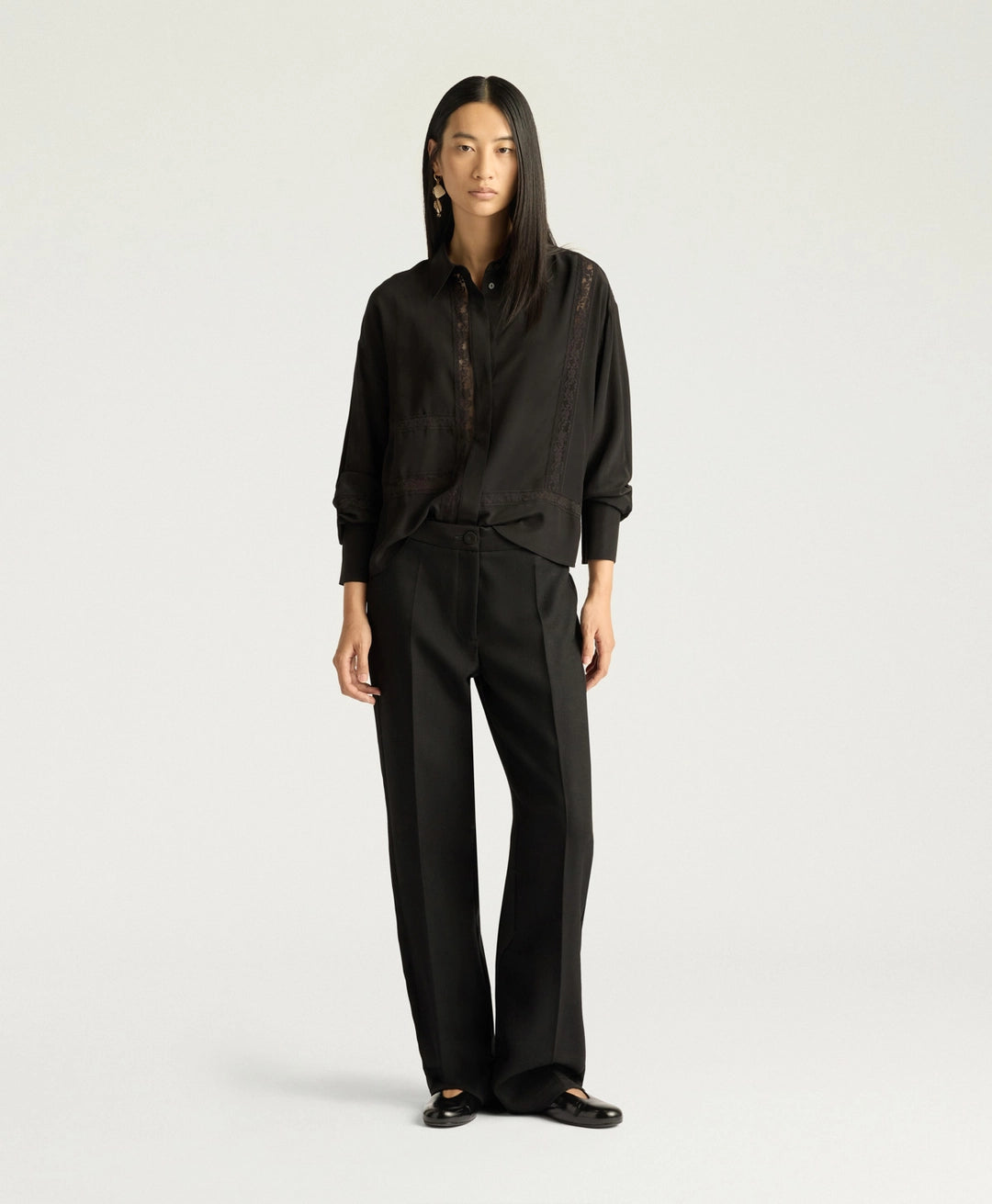 BENJAMIN PANTS IN SOLID COLOUR CHEVRON WOOL - BLACK