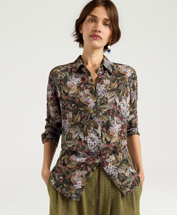 MEUDON SHIRT IN PRINTED CREPE DE CHINE - KHAKI MULTICOLOR