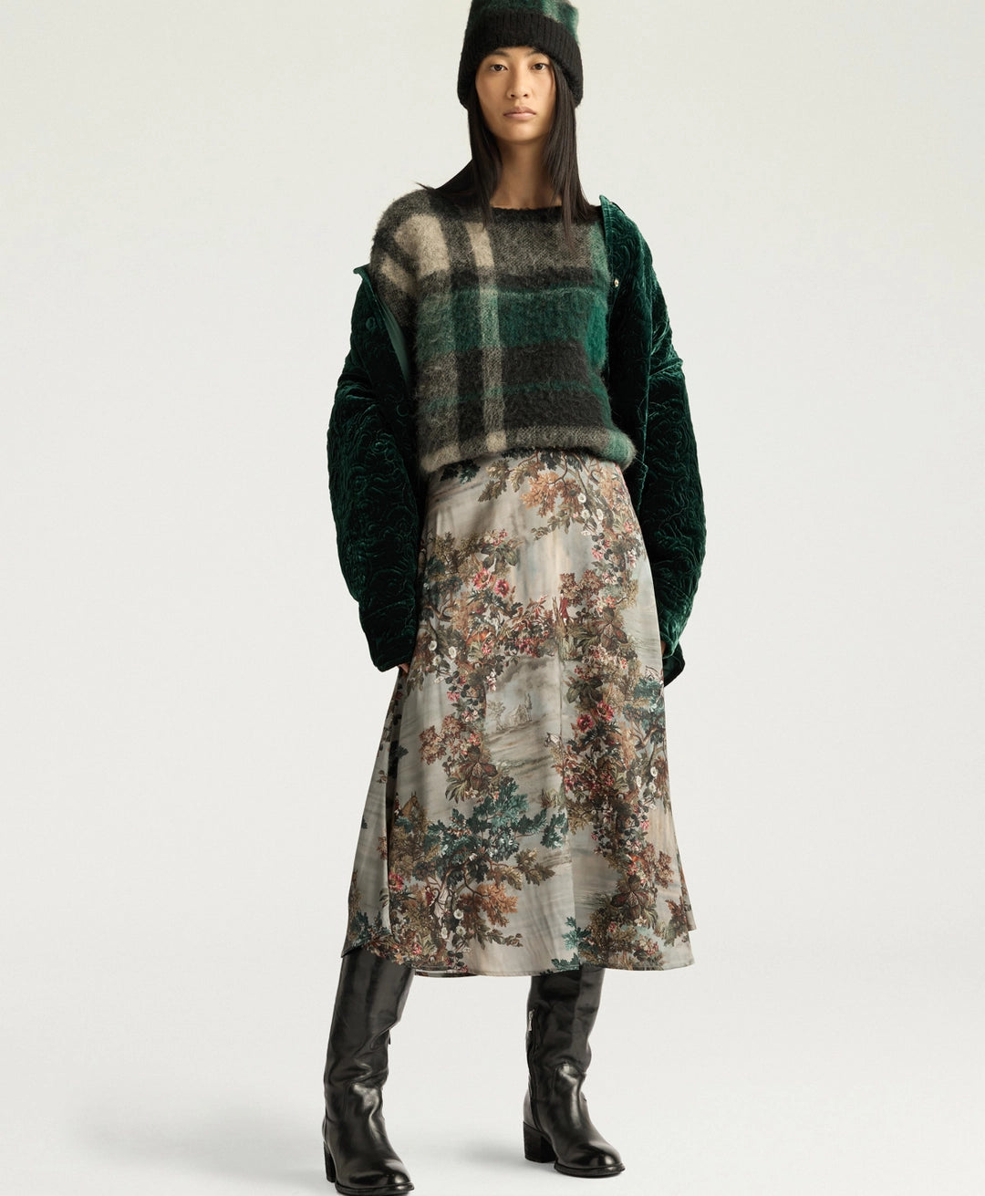 HEBE SKIRT IN PRINTED STRETCH SATIN - MUD MULTICOLOR
