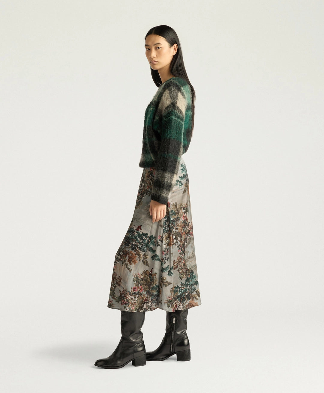 HEBE SKIRT IN PRINTED STRETCH SATIN - MUD MULTICOLOR