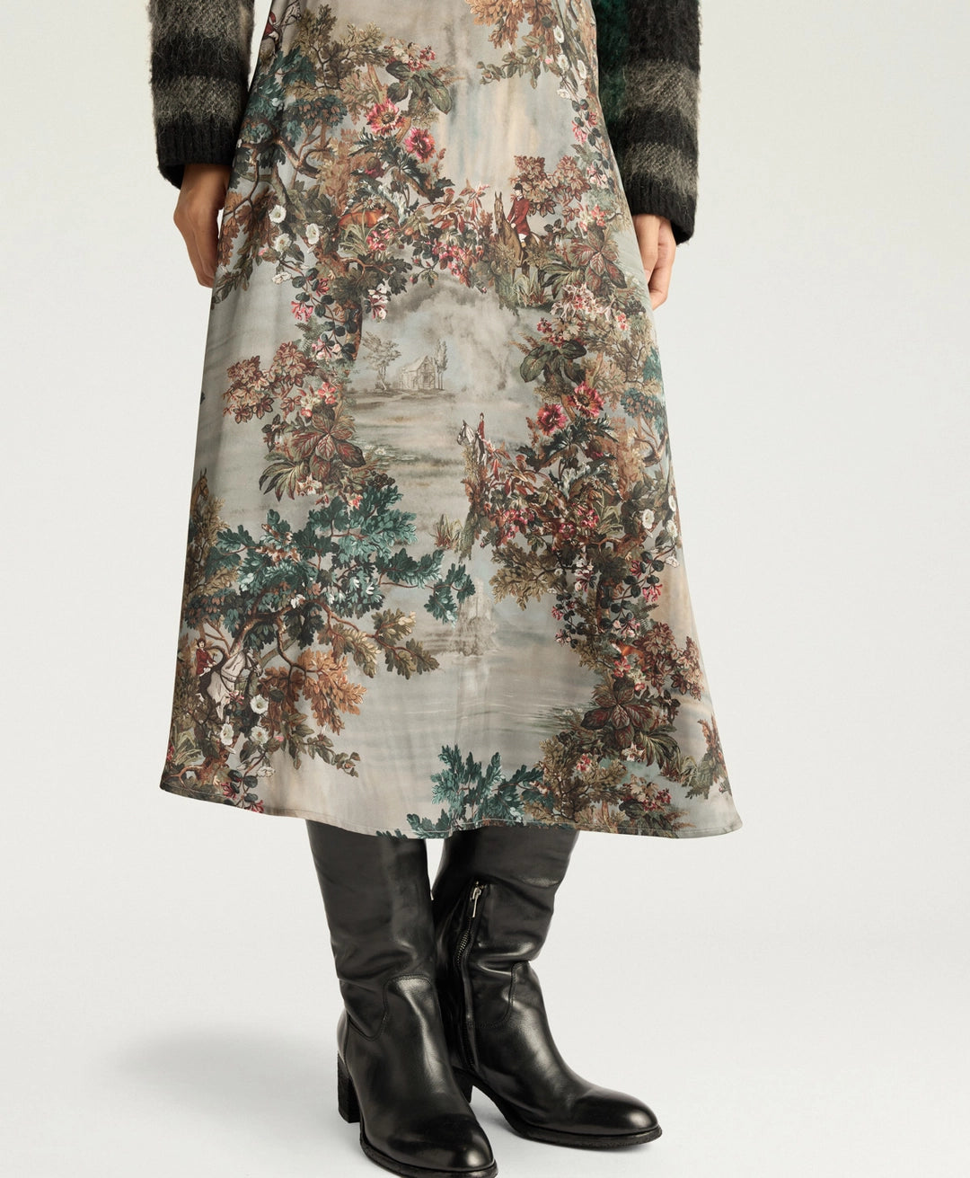 HEBE SKIRT IN PRINTED STRETCH SATIN - MUD MULTICOLOR