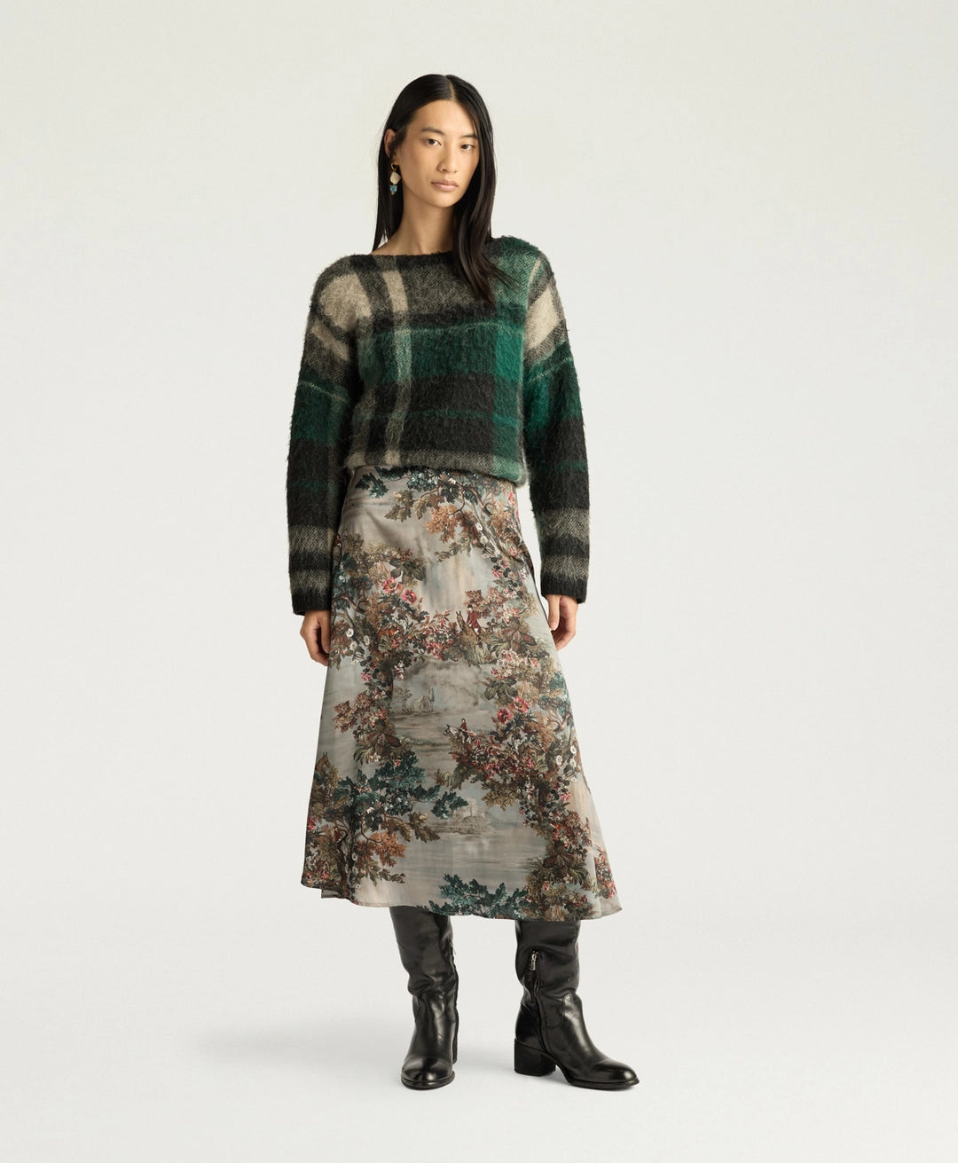 HEBE SKIRT IN PRINTED STRETCH SATIN - MUD MULTICOLOR