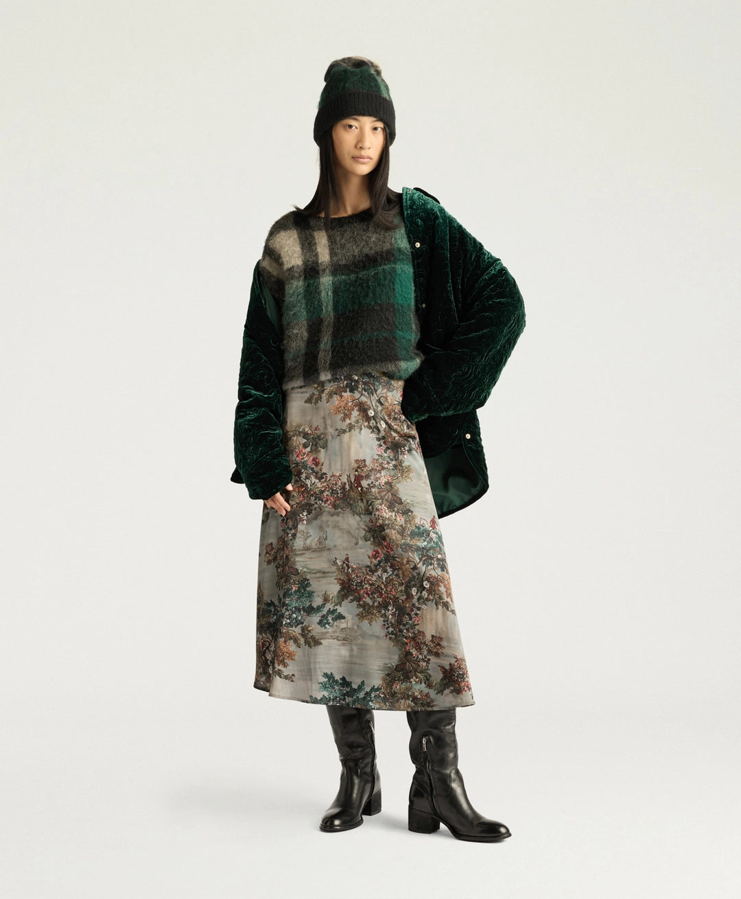 HEBE SKIRT IN PRINTED STRETCH SATIN - MUD MULTICOLOR