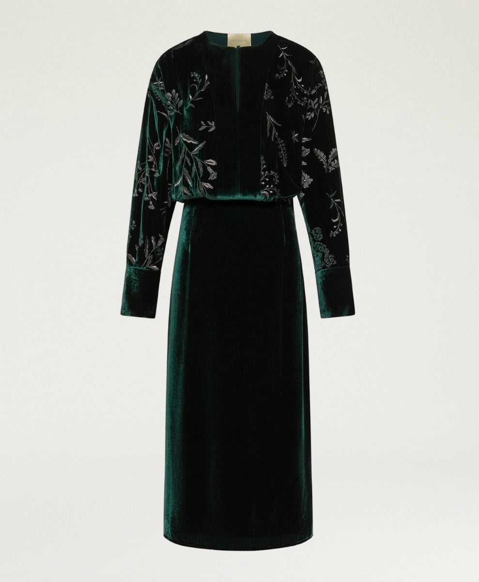 BODIAM DRESS IN EMBROIDERED VELVET - BOTTLE GREEN