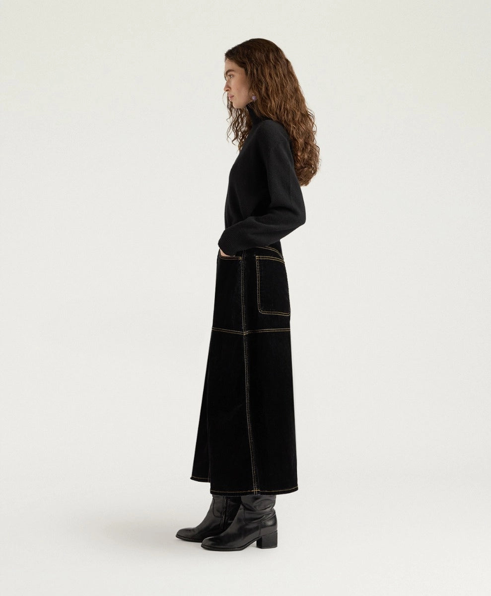 IRELAND SKIRT IN STRETCH FLOCKED DENIM - BLACK