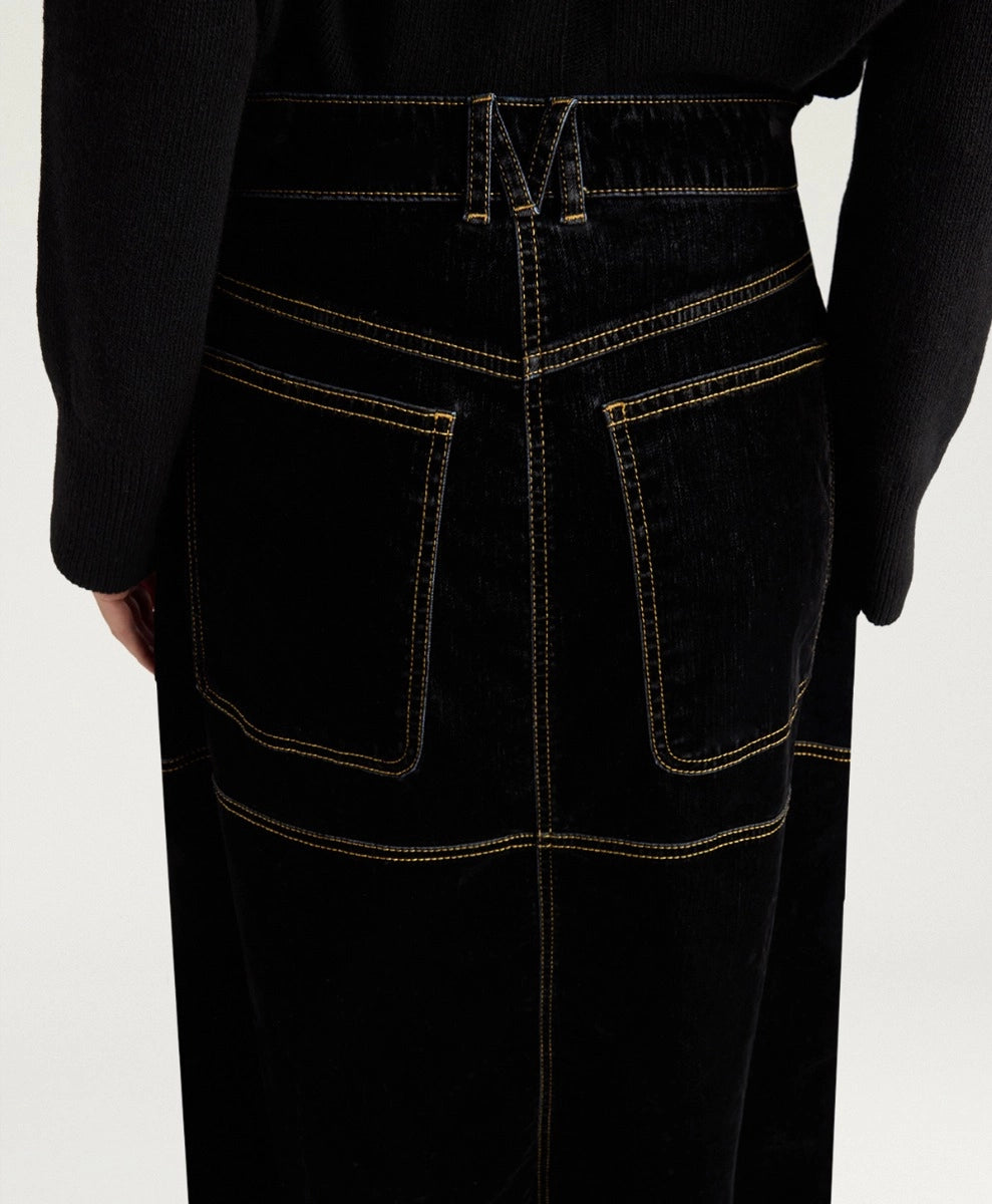 IRELAND SKIRT IN STRETCH FLOCKED DENIM - BLACK