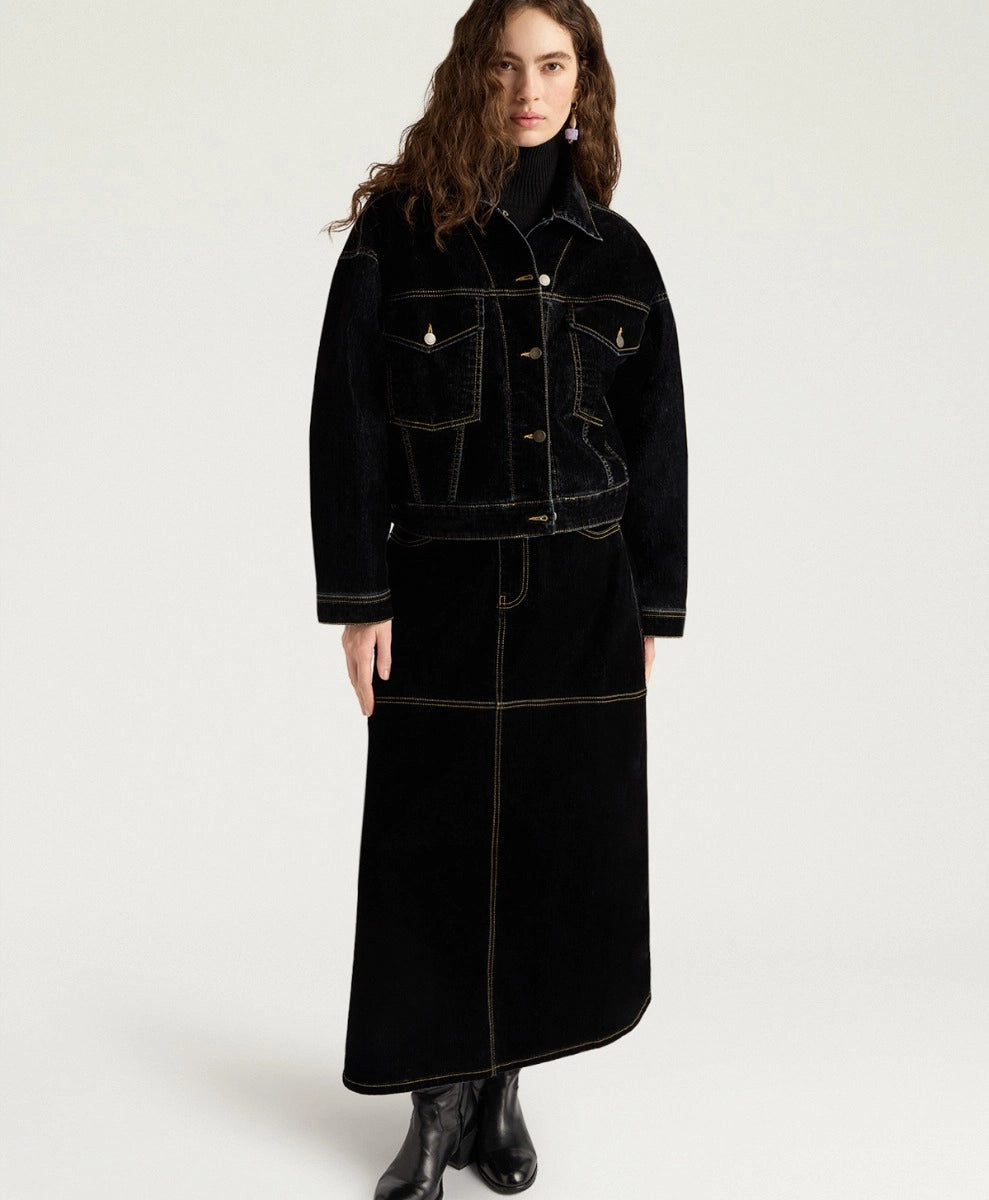IRELAND SKIRT IN STRETCH FLOCKED DENIM - BLACK