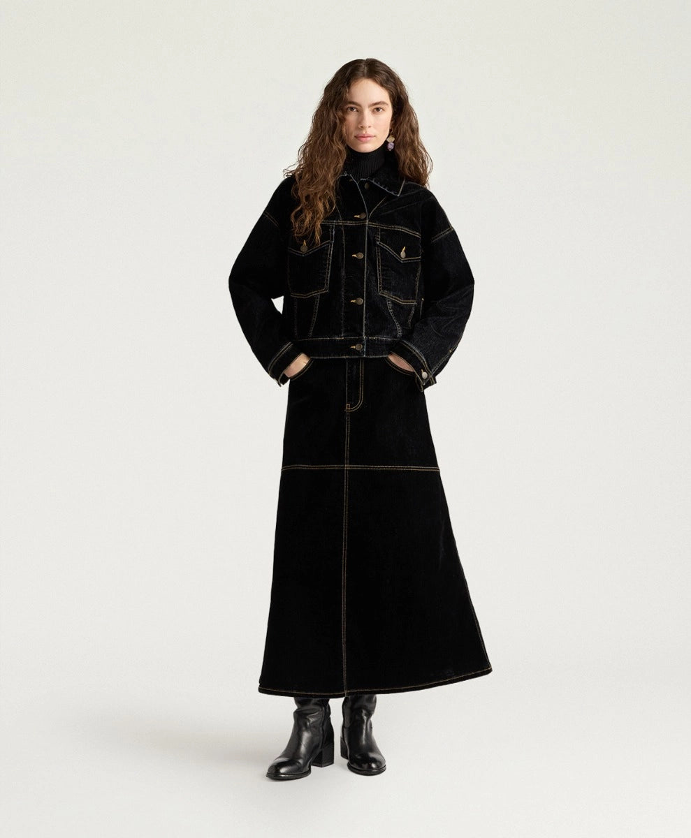 IRELAND SKIRT IN STRETCH FLOCKED DENIM - BLACK