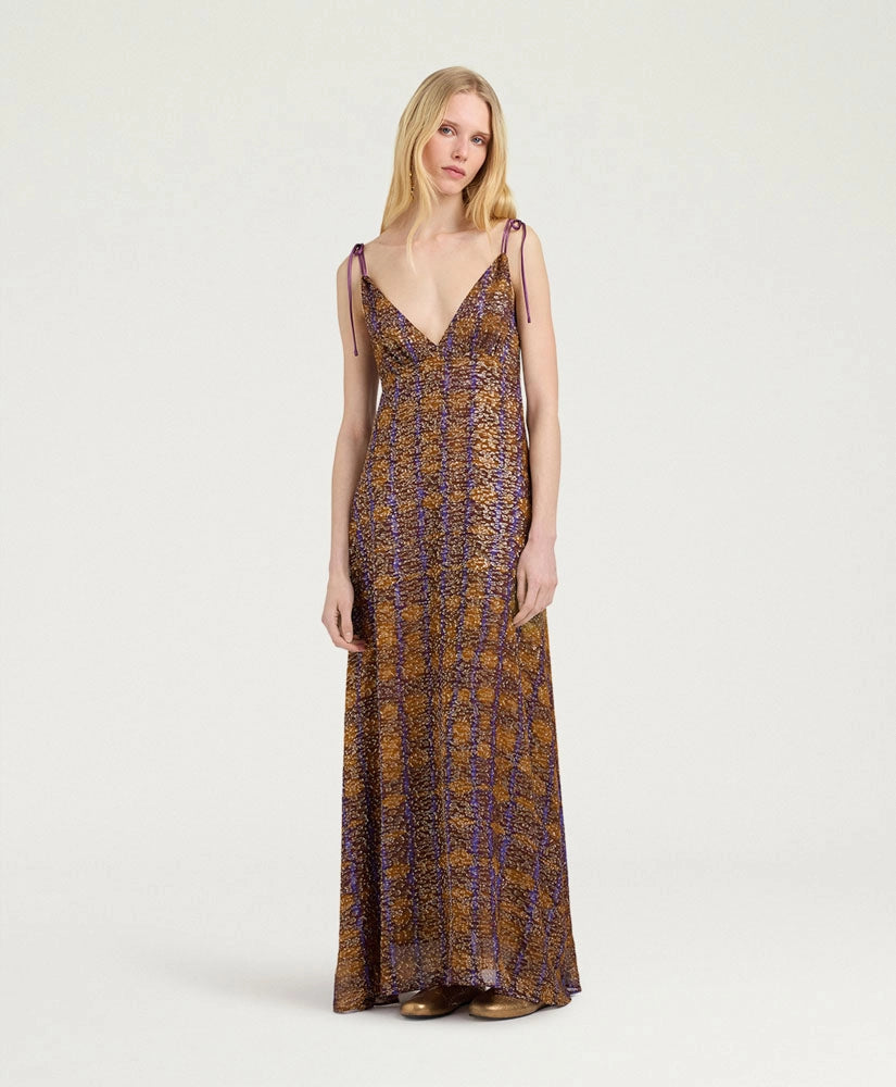 DULCE DRESS IN FIL COUPÉ - CARAMELLO/ORO/VIOLA