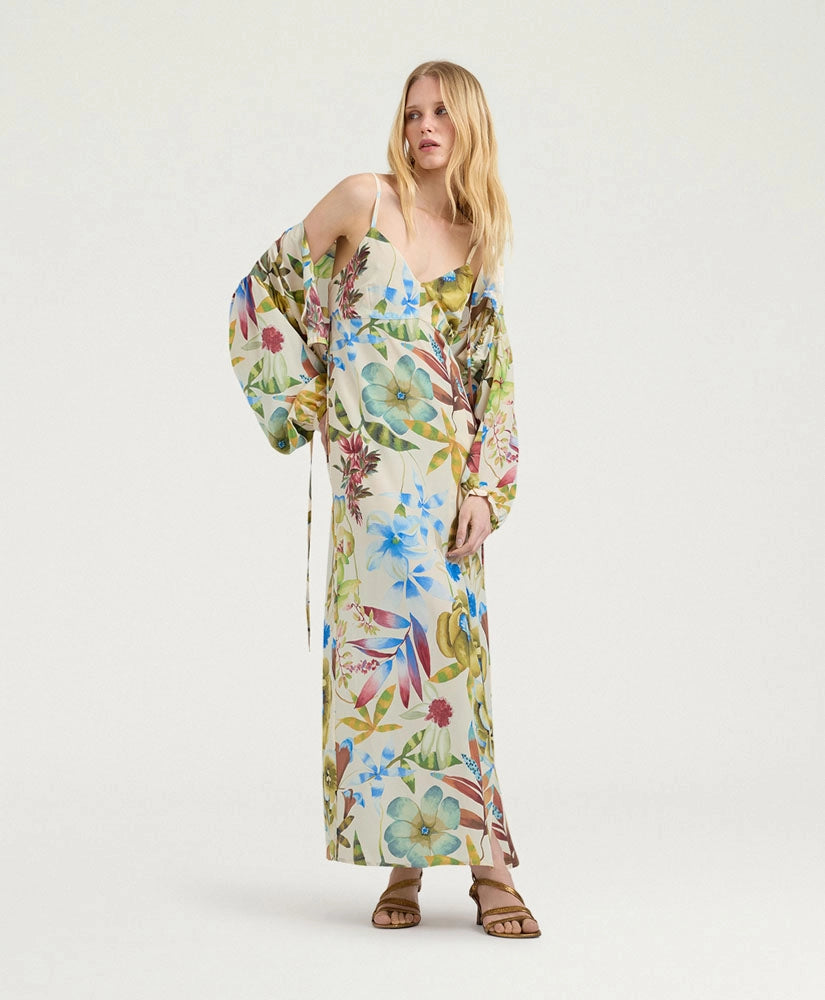 INCANTO DRESS IN PRINTED CREPE DE CHINE - CREAM MULTICOLOR