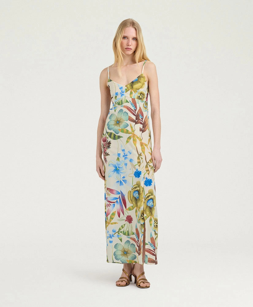 INCANTO DRESS IN PRINTED CREPE DE CHINE - CREAM MULTICOLOR