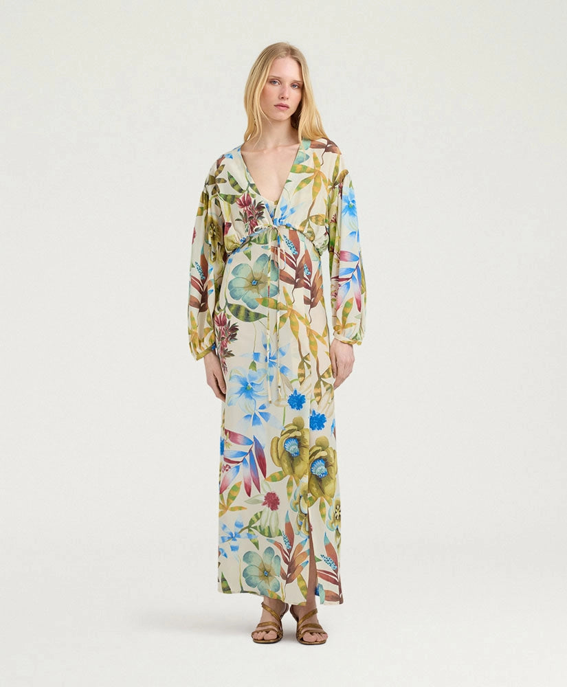 INCANTO DRESS IN PRINTED CREPE DE CHINE - CREAM MULTICOLOR