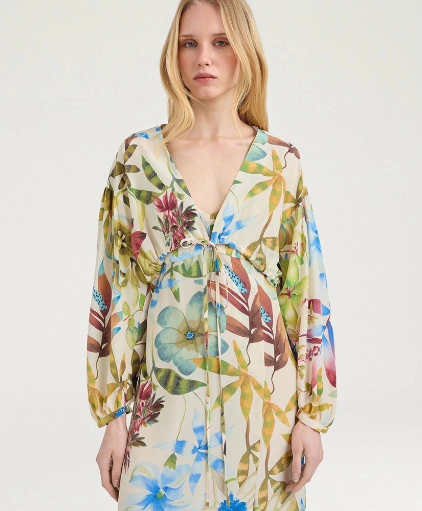 INCANTO DRESS IN PRINTED CREPE DE CHINE - CREAM MULTICOLOR