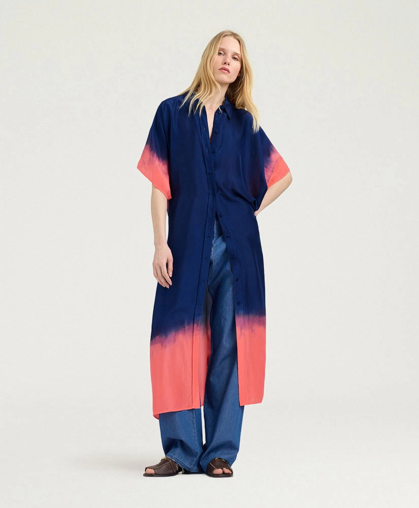 LOMA DRESS IN TIE DYED HABUTAI - BLUE/MAUVE