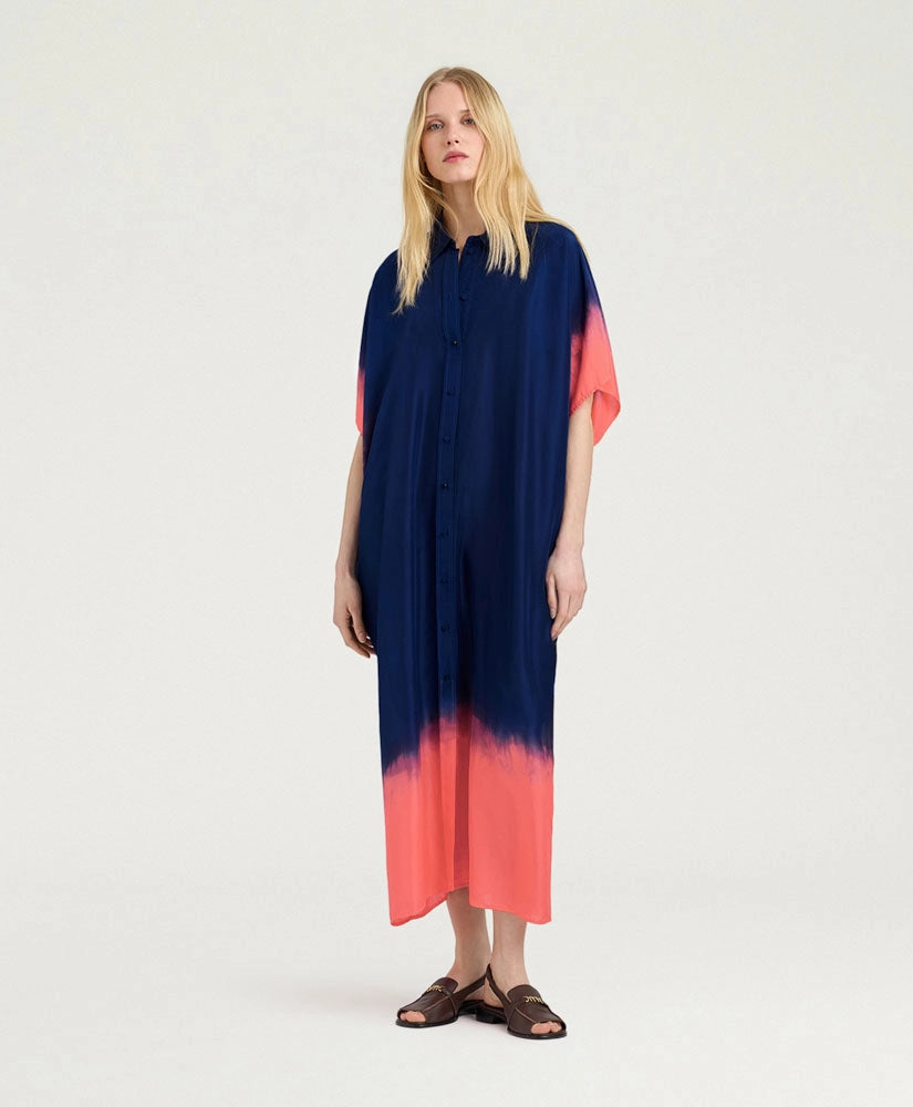 LOMA DRESS IN TIE DYED HABUTAI - BLUE/MAUVE