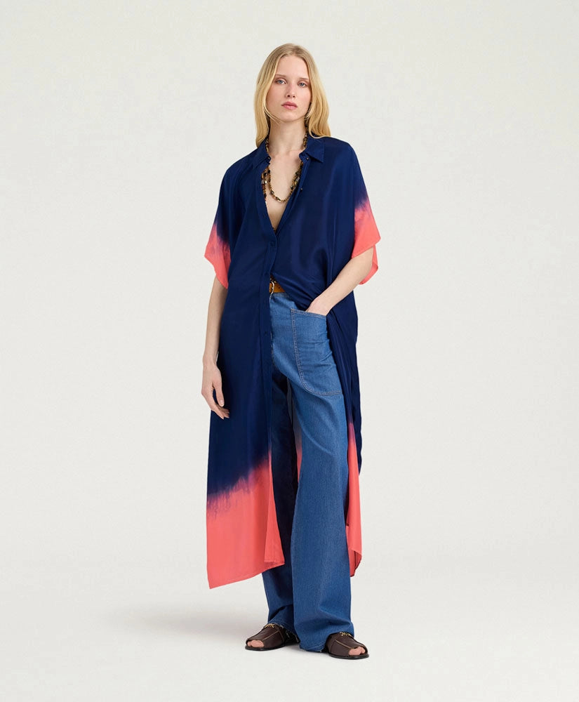 LOMA DRESS IN TIE DYED HABUTAI - BLUE/MAUVE