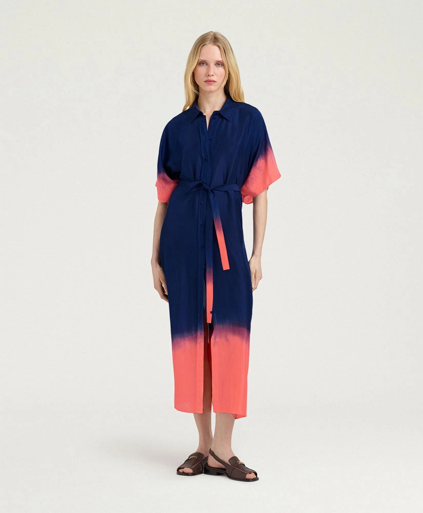 LOMA DRESS IN TIE DYED HABUTAI - BLUE/MAUVE