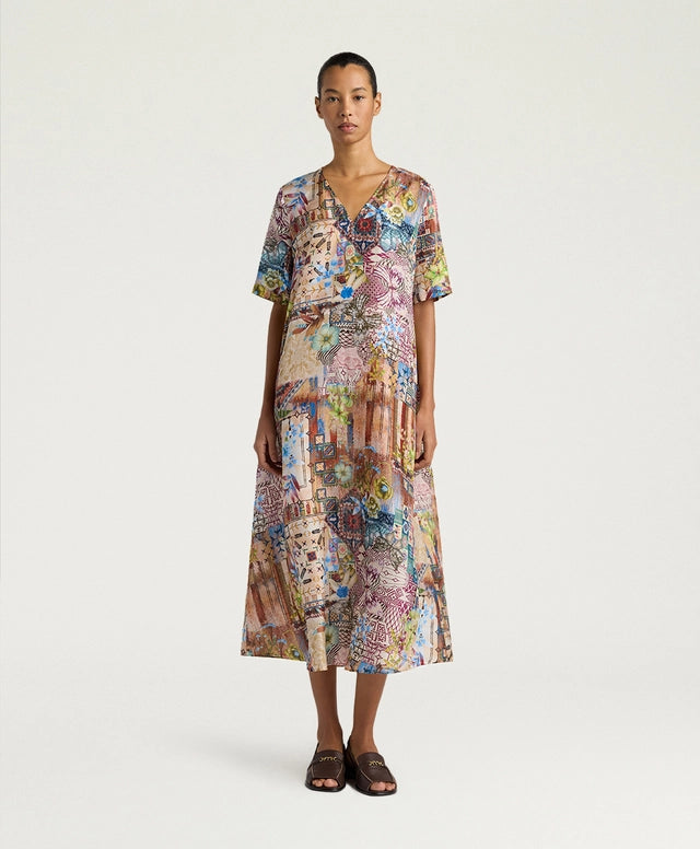 CARNAVAL DRESS IN PRINTED HABUTAI - EARTH MULTICOLOR  CARNAVAL DRESS IN PRINTED HABUTAI - EARTH MULTICOLOR