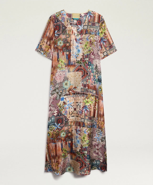 CARNAVAL DRESS IN PRINTED HABUTAI - EARTH MULTICOLOR  CARNAVAL DRESS IN PRINTED HABUTAI - EARTH MULTICOLOR