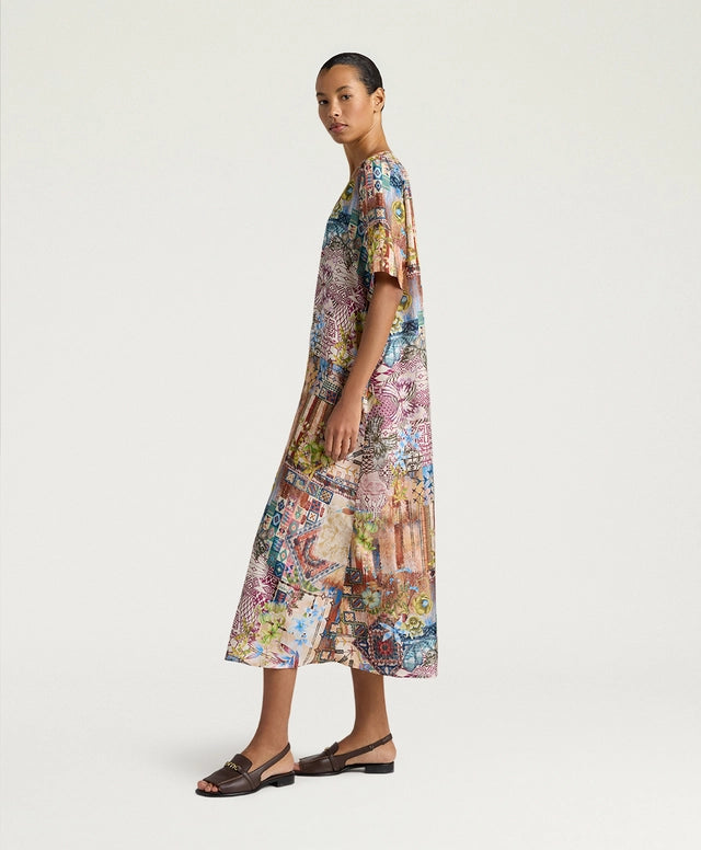 CARNAVAL DRESS IN PRINTED HABUTAI - EARTH MULTICOLOR  CARNAVAL DRESS IN PRINTED HABUTAI - EARTH MULTICOLOR