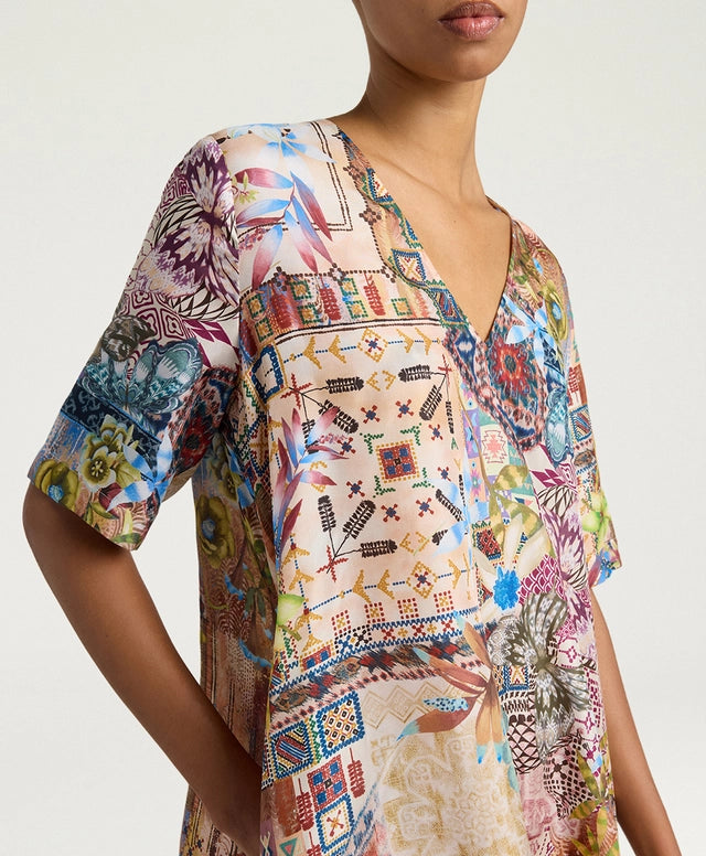 CARNAVAL DRESS IN PRINTED HABUTAI - EARTH MULTICOLOR  CARNAVAL DRESS IN PRINTED HABUTAI - EARTH MULTICOLOR