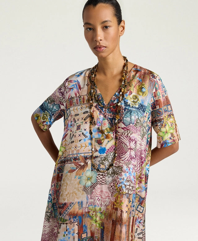 CARNAVAL DRESS IN PRINTED HABUTAI - EARTH MULTICOLOR  CARNAVAL DRESS IN PRINTED HABUTAI - EARTH MULTICOLOR