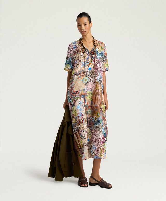 CARNAVAL DRESS IN PRINTED HABUTAI - EARTH MULTICOLOR  CARNAVAL DRESS IN PRINTED HABUTAI - EARTH MULTICOLOR