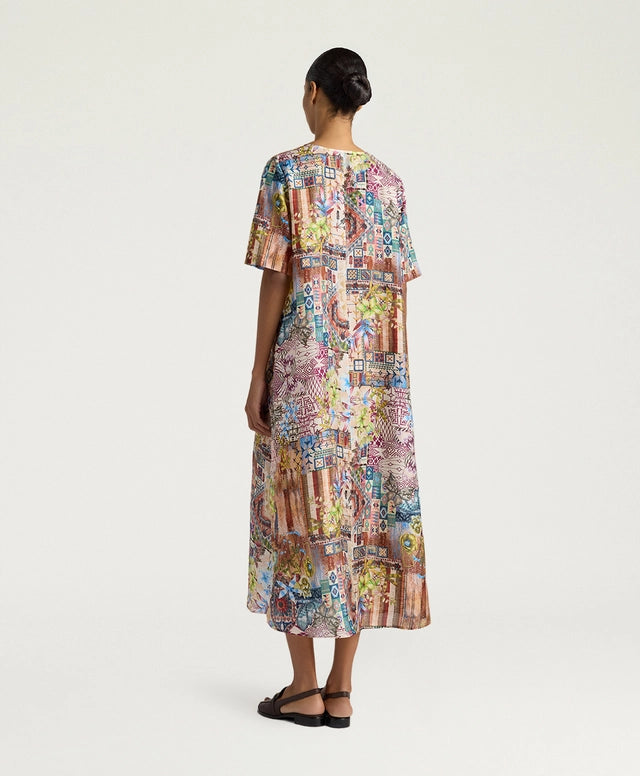 CARNAVAL DRESS IN PRINTED HABUTAI - EARTH MULTICOLOR  CARNAVAL DRESS IN PRINTED HABUTAI - EARTH MULTICOLOR