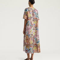 CARNAVAL DRESS IN PRINTED HABUTAI - EARTH MULTICOLOR  CARNAVAL DRESS IN PRINTED HABUTAI - EARTH MULTICOLOR
