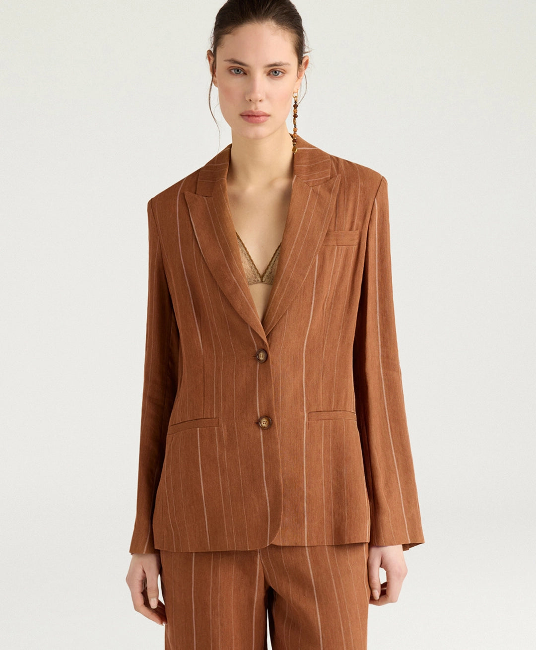 CALICHE JACKET IN PINSTRIPE LINEN/VISCOSE - BURNT SIENA