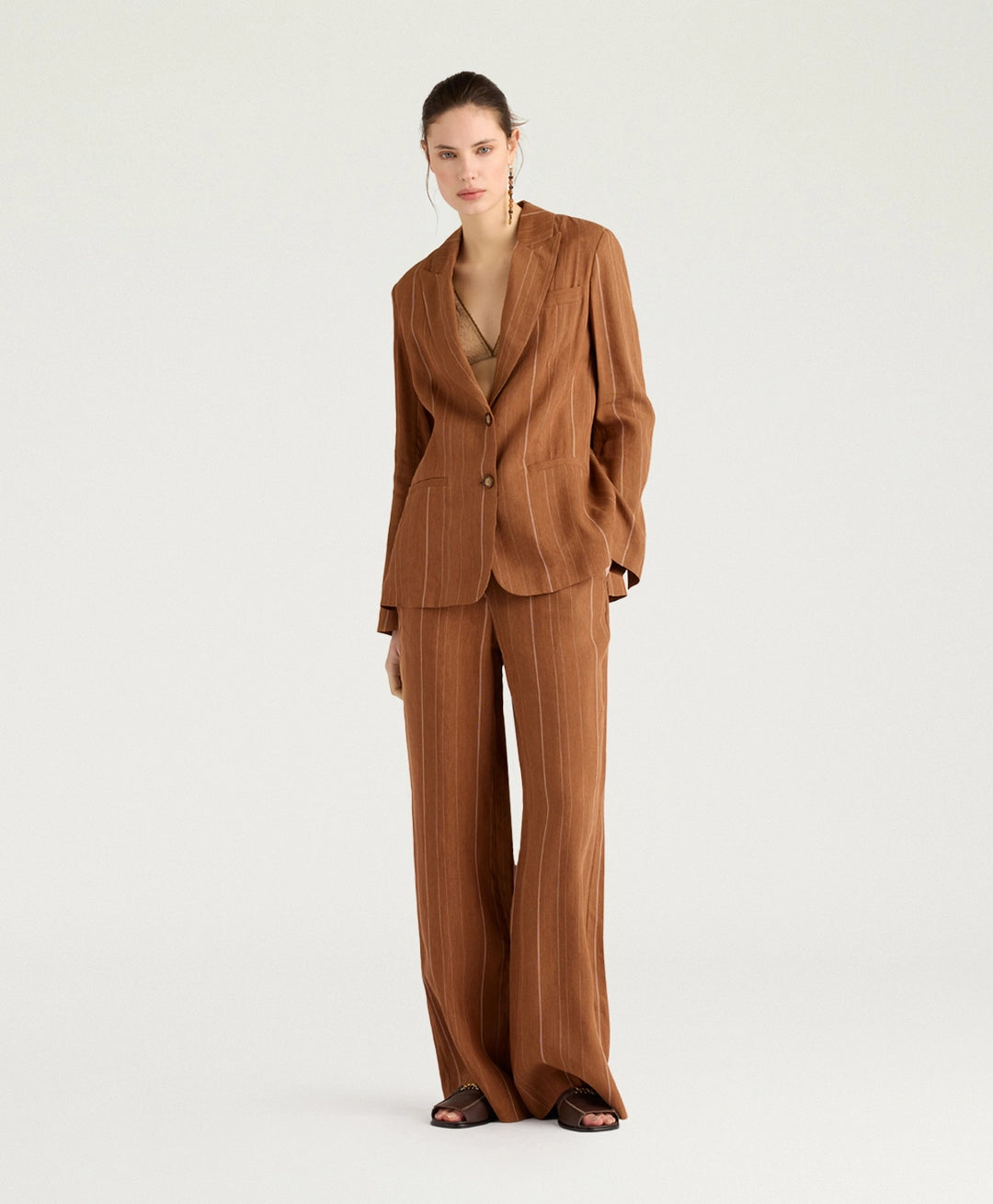 CALICHE JACKET IN PINSTRIPE LINEN/VISCOSE - BURNT SIENA