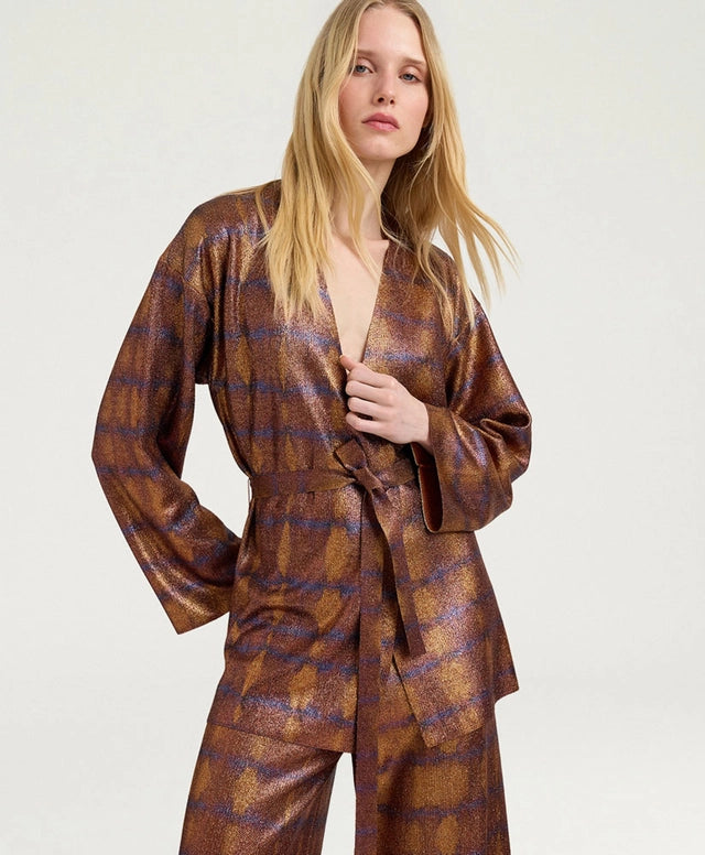 CHAMA CARDIGAN IN PRINTED LUREX - BURNT/PURPLE