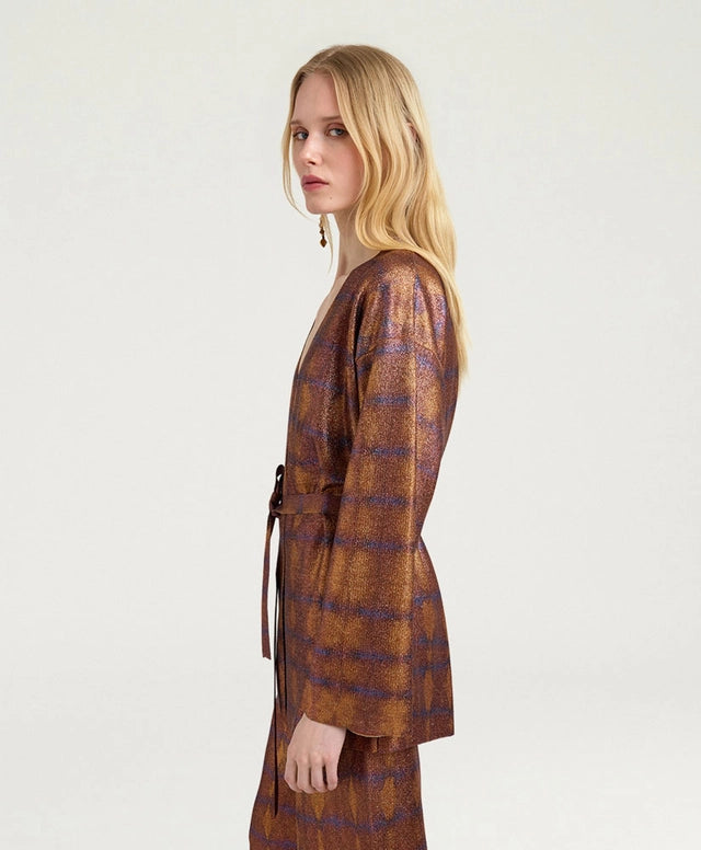 CHAMA CARDIGAN IN PRINTED LUREX - BURNT/PURPLE