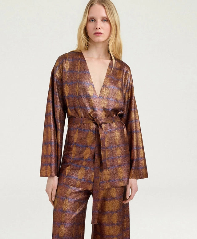 CHAMA CARDIGAN IN PRINTED LUREX - BURNT/PURPLE