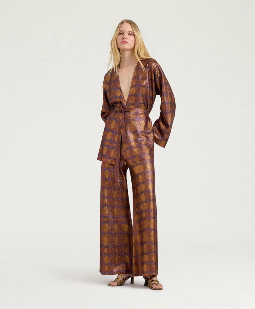 ANSELMO PANTS IN PRINTED LUREX - BURNT/PURPLE