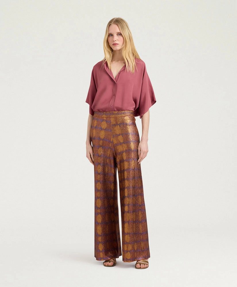 ANSELMO PANTS IN PRINTED LUREX - BURNT/PURPLE