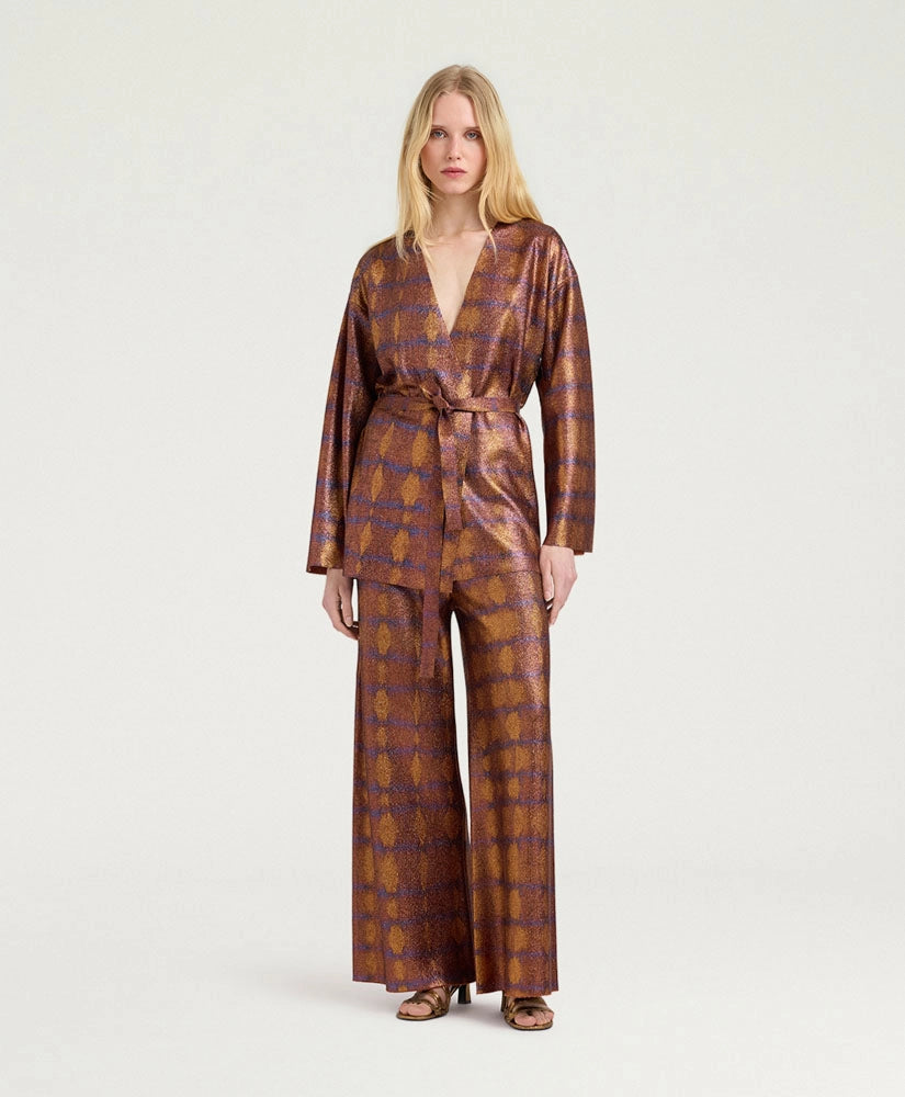 ANSELMO PANTS IN PRINTED LUREX - BURNT/PURPLE
