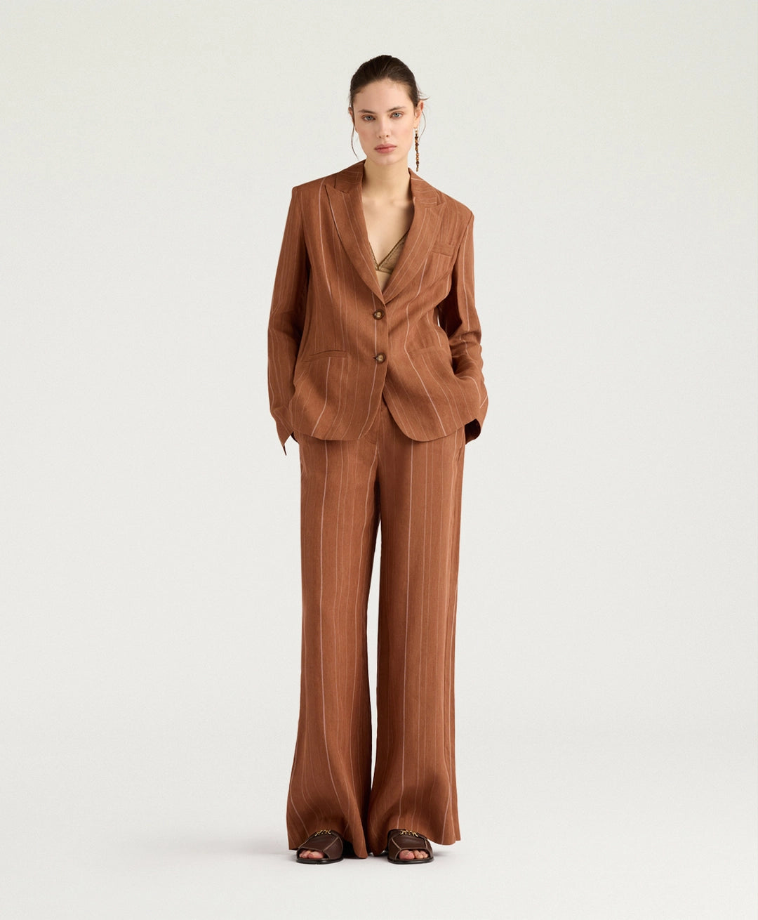 ROMERO PANTS IN PINSTRIPE LINEN/VISCOSE - BURNT SIENA