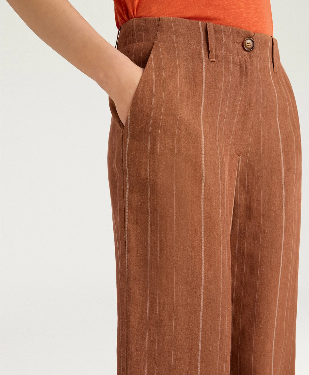 ROMERO PANTS IN PINSTRIPE LINEN/VISCOSE - BURNT SIENA