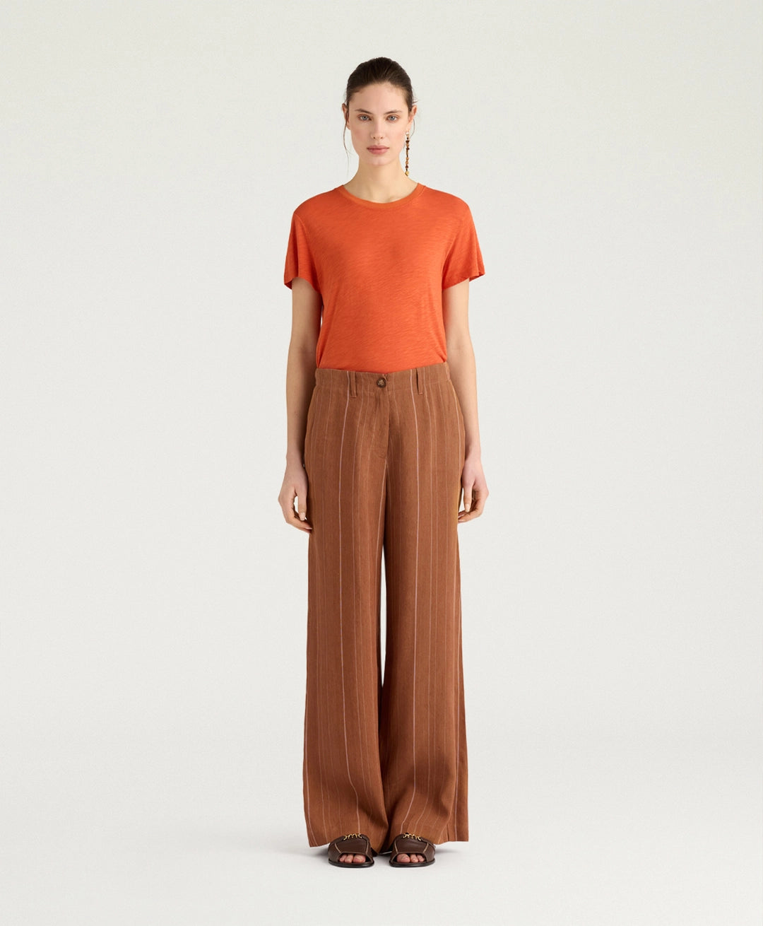 ROMERO PANTS IN PINSTRIPE LINEN/VISCOSE - BURNT SIENA