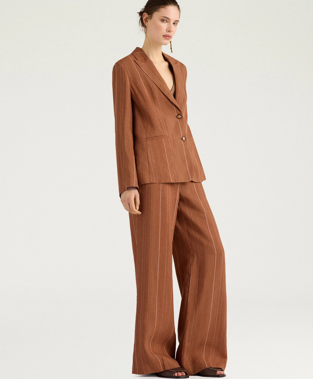 ROMERO PANTS IN PINSTRIPE LINEN/VISCOSE - BURNT SIENA
