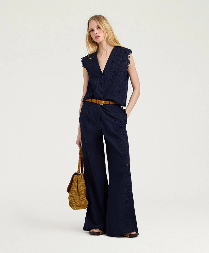 LIENZO PANTS IN BRODERIE ANGLAISE POPLIN - BLUE