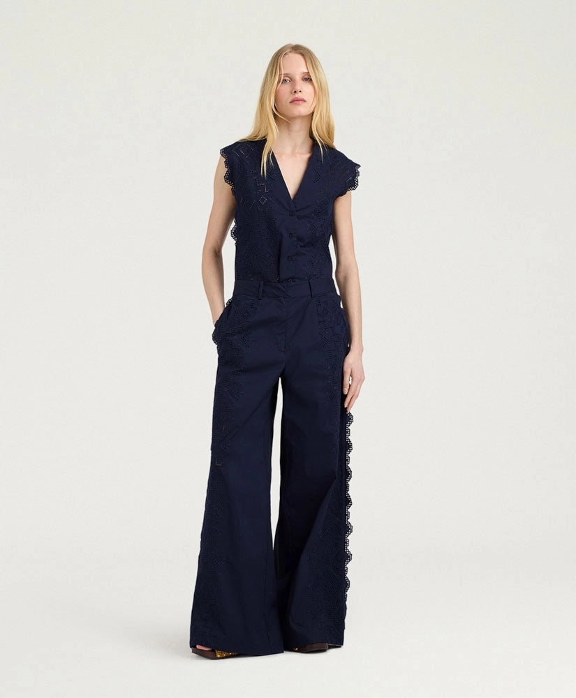 LIENZO PANTS IN BRODERIE ANGLAISE POPLIN - BLUE