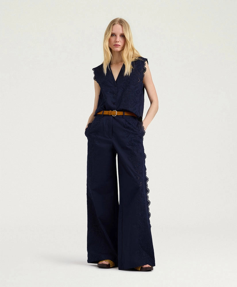 LIENZO PANTS IN BRODERIE ANGLAISE POPLIN - BLUE