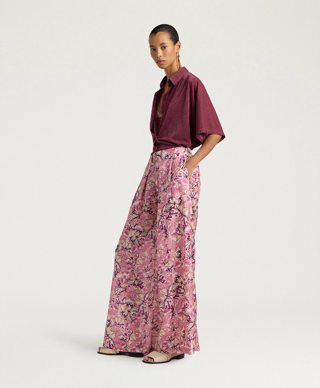 ASPEN PANTS IN PRINTED HABUTAI - BEGONIA/PURPLE