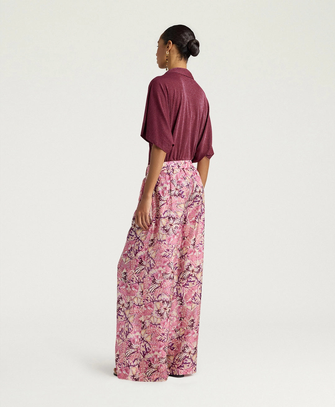 ASPEN PANTS IN PRINTED HABUTAI - BEGONIA/PURPLE