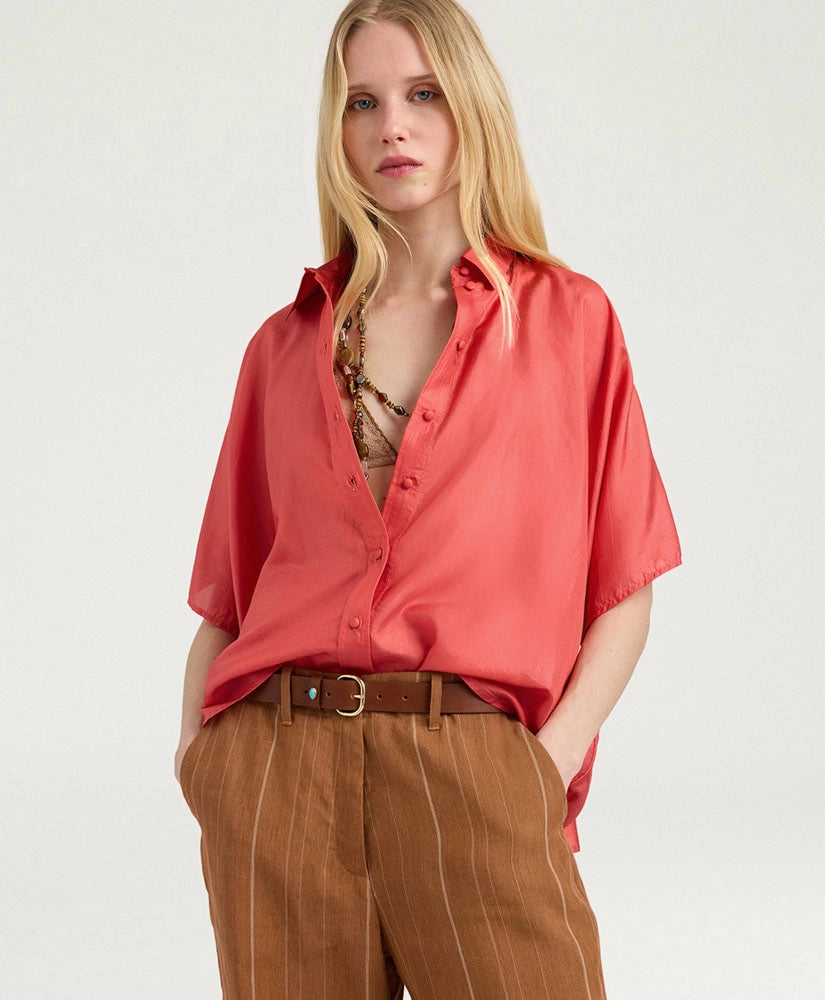 BROOKLYN SHIRT IN PLAIN COLOUR HABUTAI - SALMON PINK